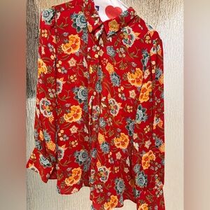 Loft Vibrant Red Floral Button-Up Blouse